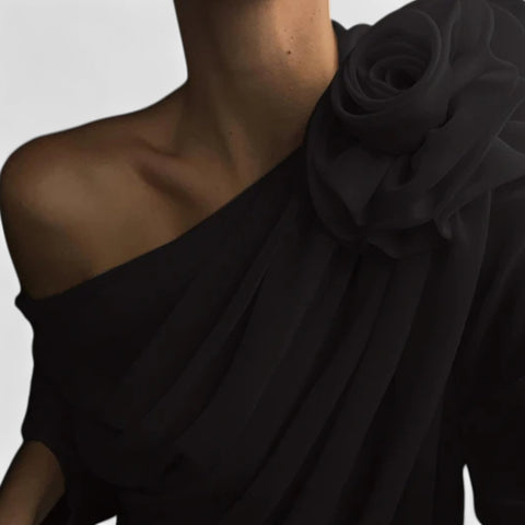 Locese | Women’s Off-Shoulder Floral Mesh Top – Irregular Elegance with Contemporary Allure