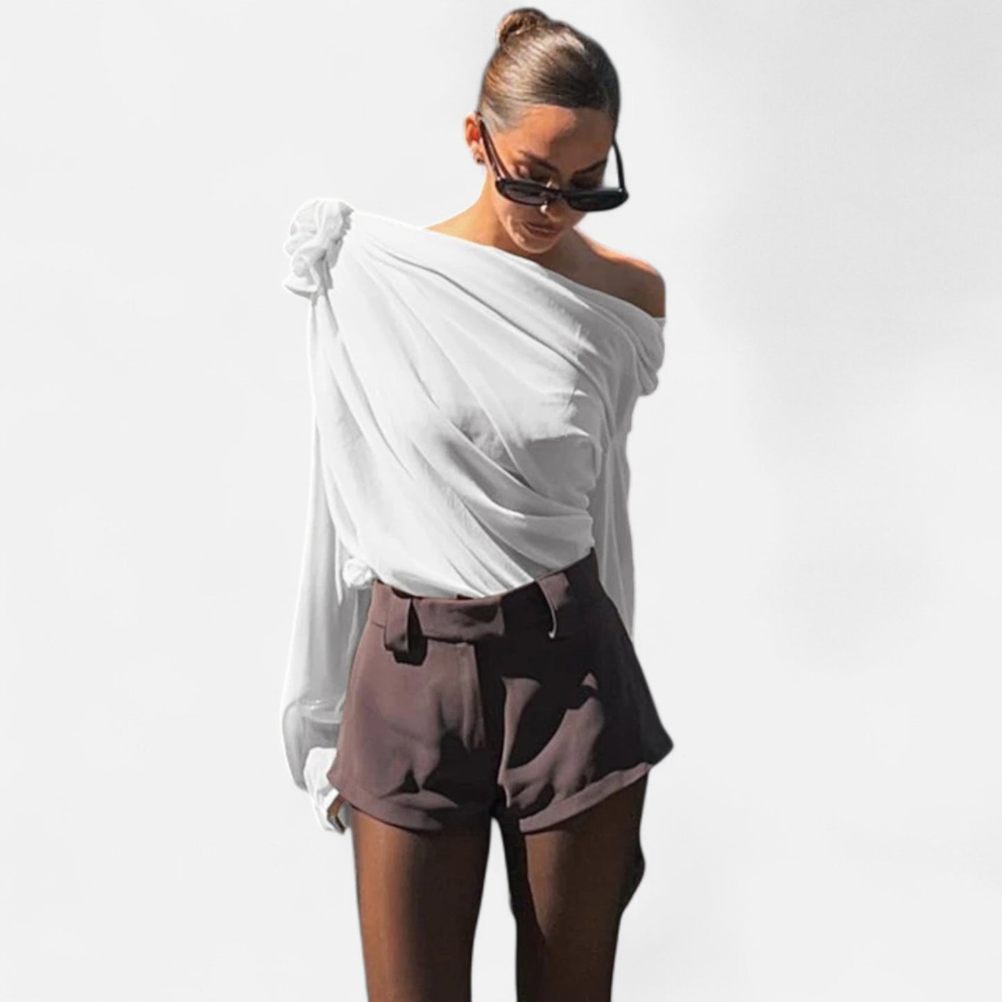 Locese | Women’s Off-Shoulder Floral Mesh Top – Irregular Elegance with Contemporary Allure