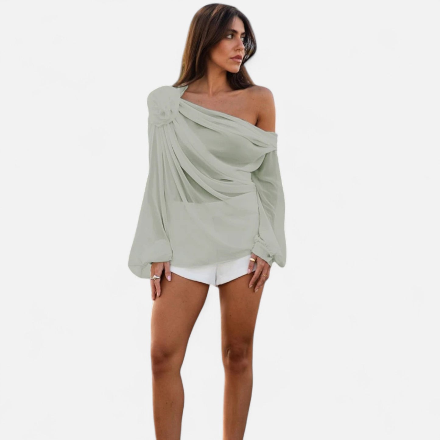 Locese | Women’s Off-Shoulder Floral Mesh Top – Irregular Elegance with Contemporary Allure