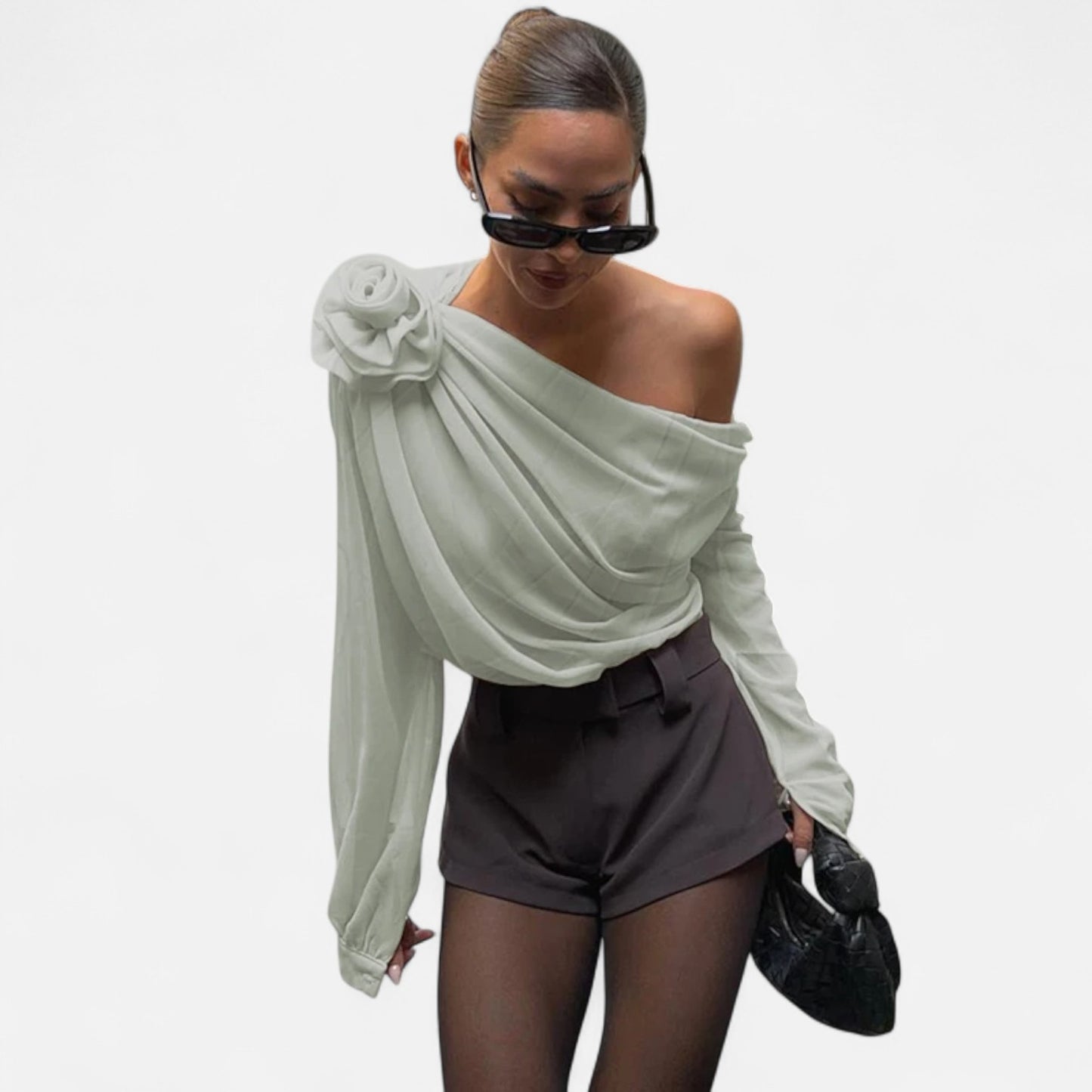 Locese | Women’s Off-Shoulder Floral Mesh Top – Irregular Elegance with Contemporary Allure