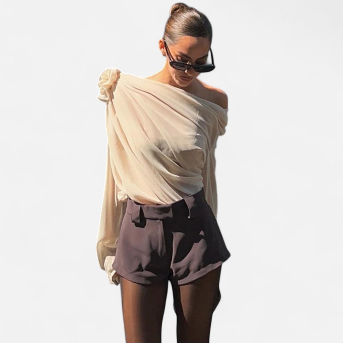 Locese | Women’s Off-Shoulder Floral Mesh Top – Irregular Elegance with Contemporary Allure