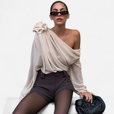 Locese | Women’s Off-Shoulder Floral Mesh Top – Irregular Elegance with Contemporary Allure