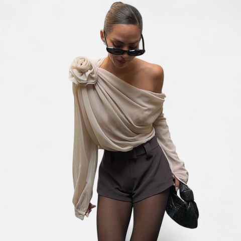 Locese | Women’s Off-Shoulder Floral Mesh Top – Irregular Elegance with Contemporary Allure