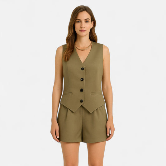 Locese | Women’s Tailored Waistcoat & Shorts Set – Sleek Sophistication for Modern Summer Styling