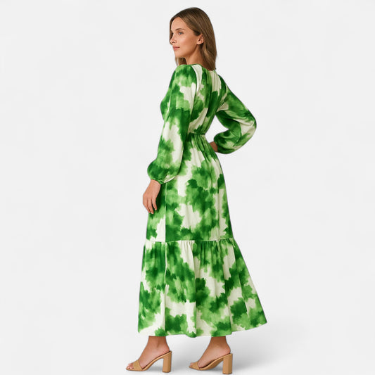 Locese | Women’s Green Print Maxi Dress – Flowing Elegance with a Flattering Fit