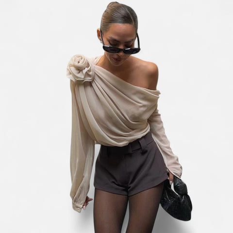 Locese | Women’s Off-Shoulder Floral Mesh Top – Irregular Elegance with Contemporary Allure