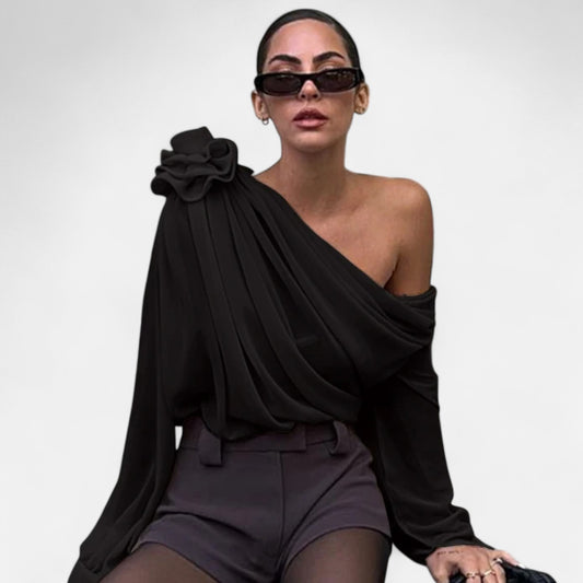 Locese | Women’s Off-Shoulder Floral Mesh Top – Irregular Elegance with Contemporary Allure