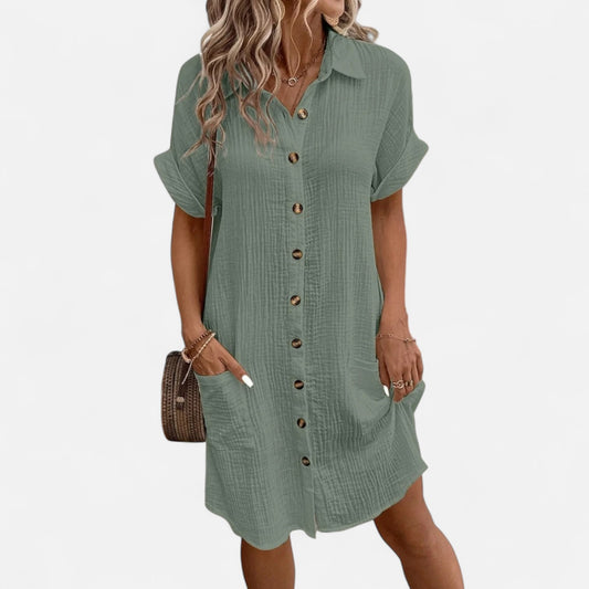 Locese | Women’s Cotton-Linen V-Neck Dress – Vintage Simplicity for Sunlit Days