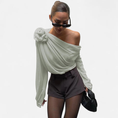 Locese | Women’s Off-Shoulder Floral Mesh Top – Irregular Elegance with Contemporary Allure