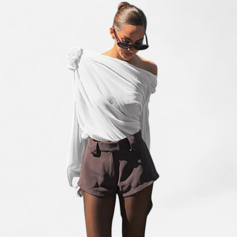 Locese | Women’s Off-Shoulder Floral Mesh Top – Irregular Elegance with Contemporary Allure